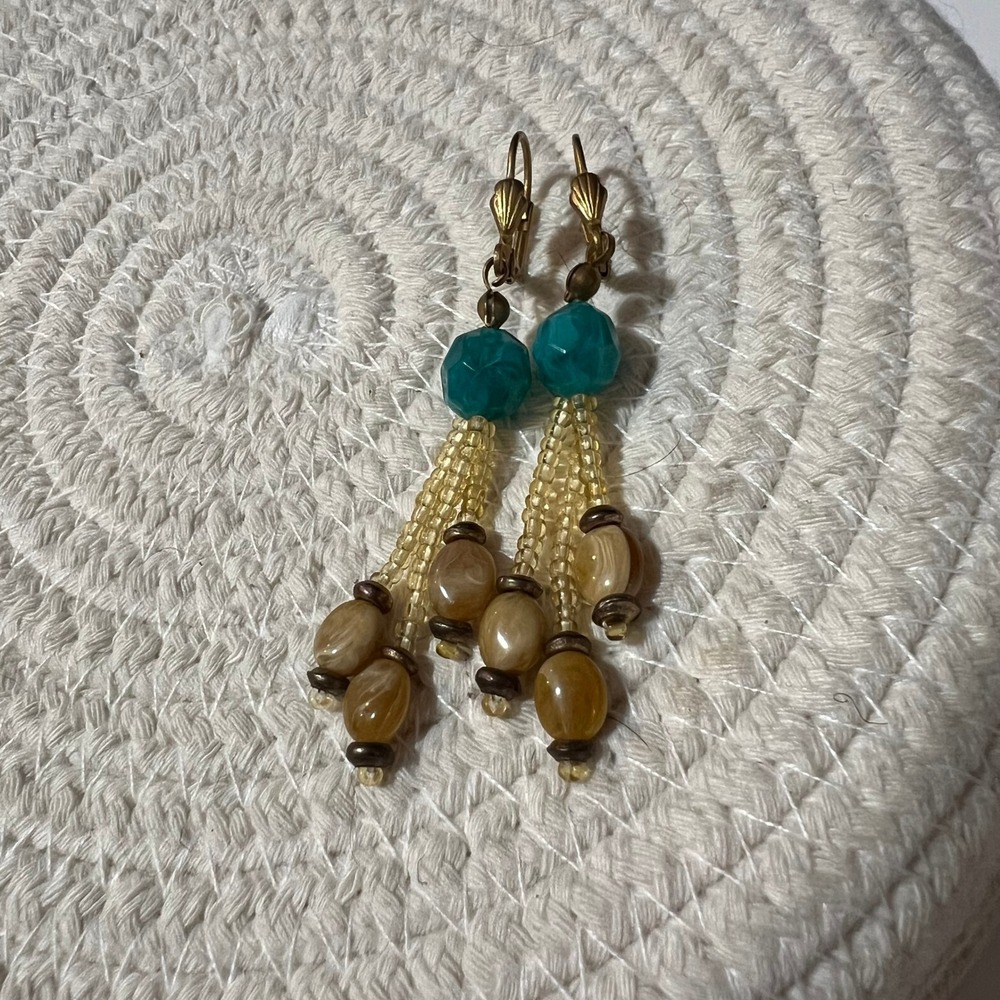 Boho Teal and Amber Beaded Tassel Dangle‎ Earrings Leverback Bronze Tone